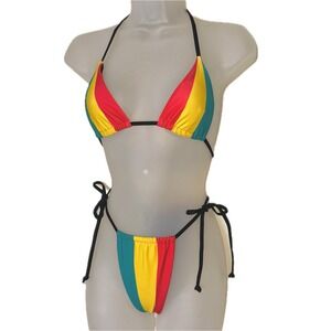 New Large Rasta Jamaica Striped Adjustable Ruched Bikini Swimsuit African Reggae